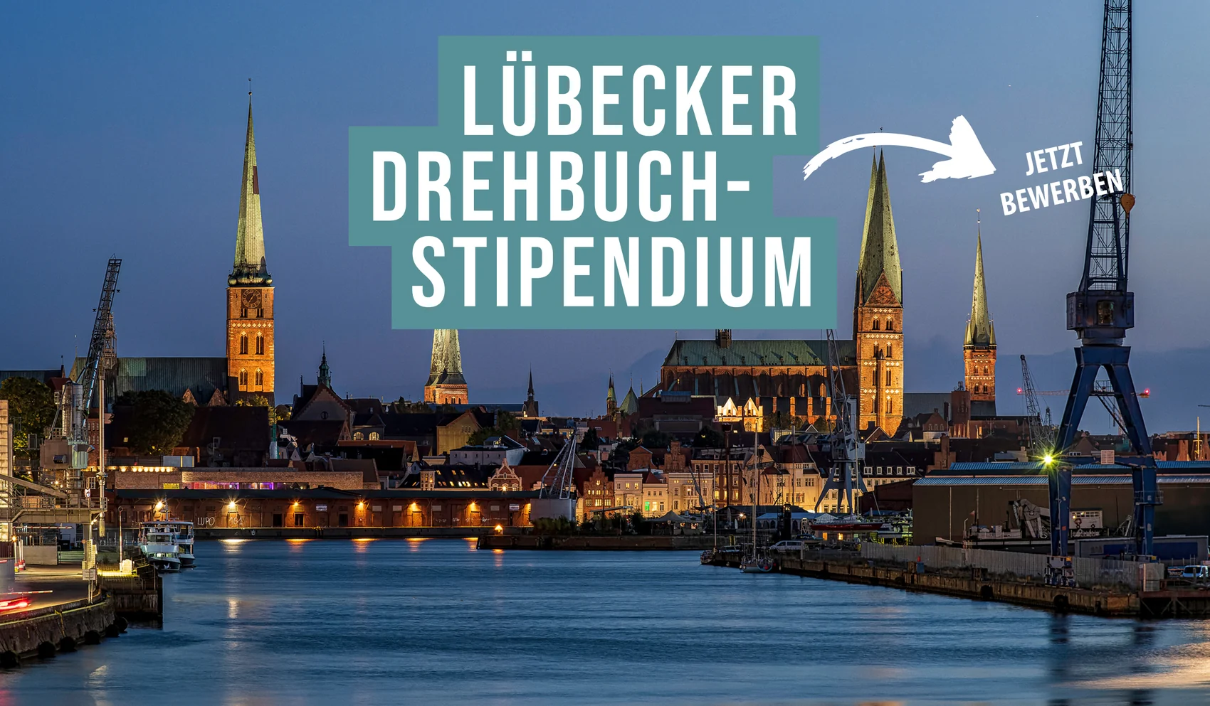 Website-Slidermotiv zum Lübecker Drehbuchstipendium 2026 mit Lübecker Skyline