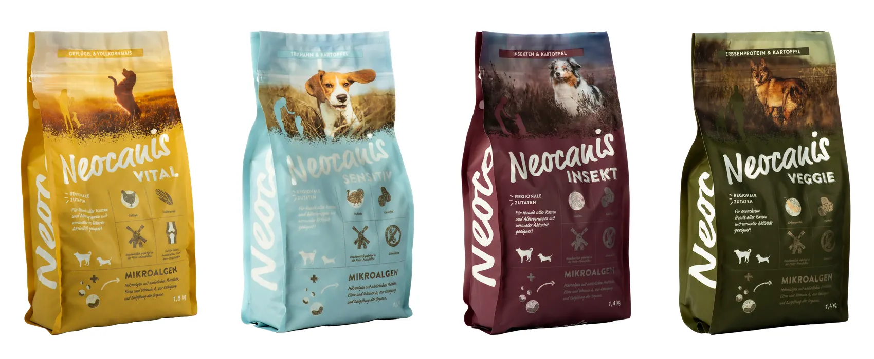 Vier Futtersäcke der Neocanis-Produktlinie für Meier Hille