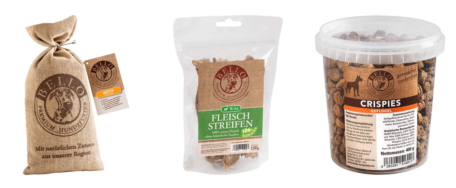 Bello-Verpackungen für Hauptfutter, Fleischstreifen und Crispies