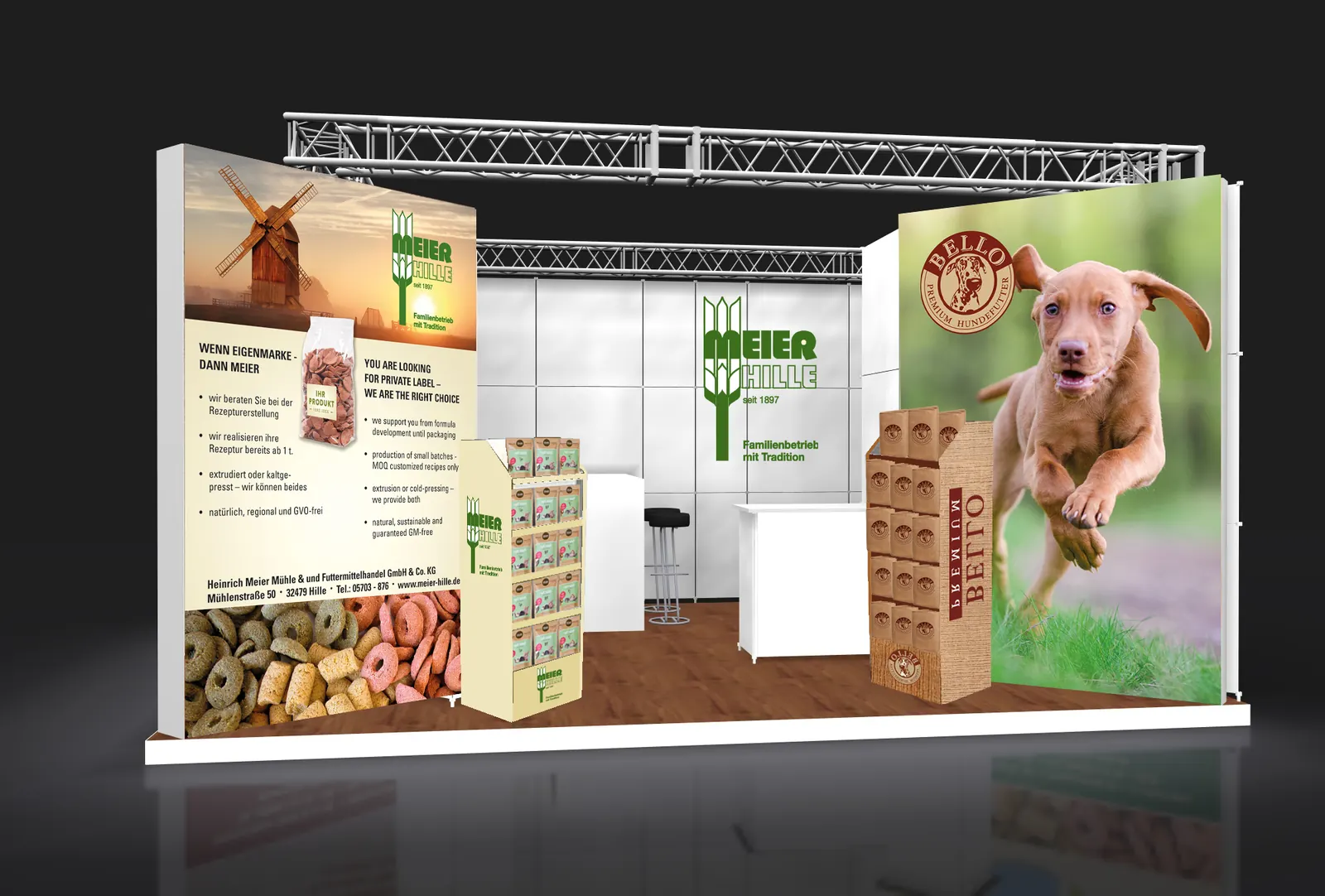 Visualisierung des Meier-Hille-Messestands mit Mucki- und weiteren Tierfutterprodukten, 2018