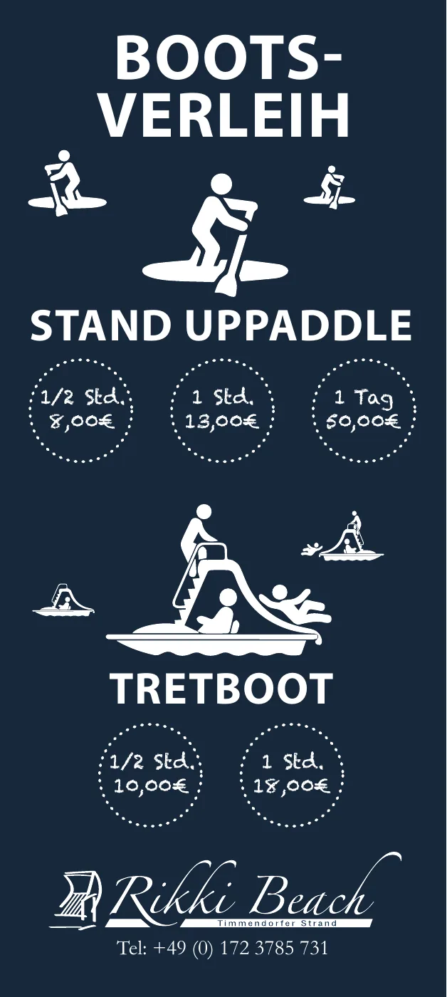 Dunkelblauer Aufsteller für Stand-up-Paddling und Tretbootverleih mit weißen Piktogrammen