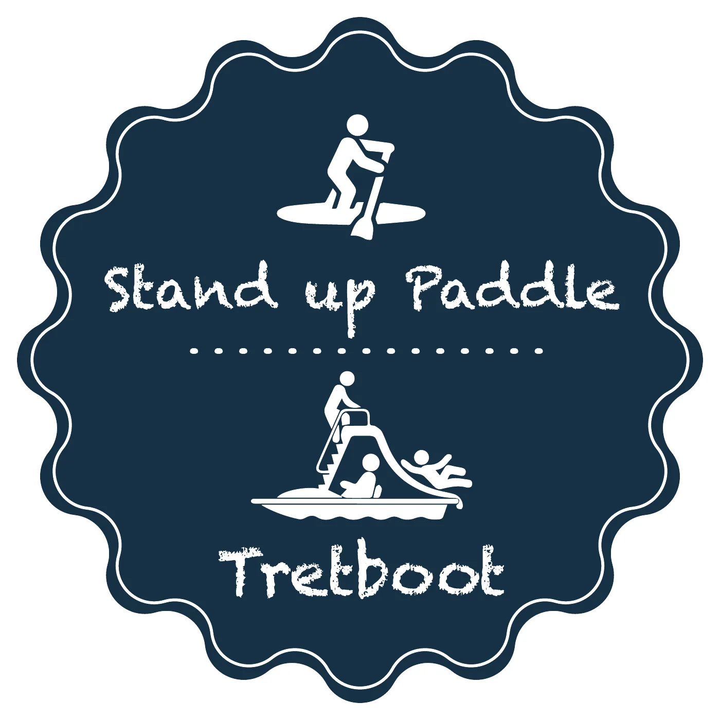 Dunkelblauer Aufkleber mit weißen Symbolen für Stand-up-Paddling und Tretboot