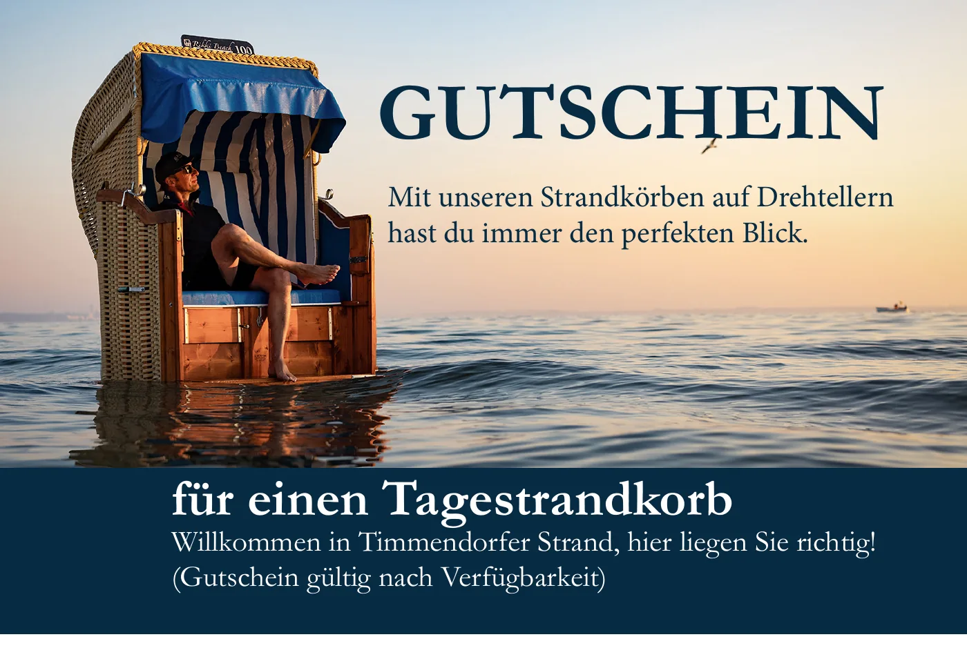 Rikki-Beach-Gutschein für einen Tagesstrandkorb mit Strandkorb am Meer