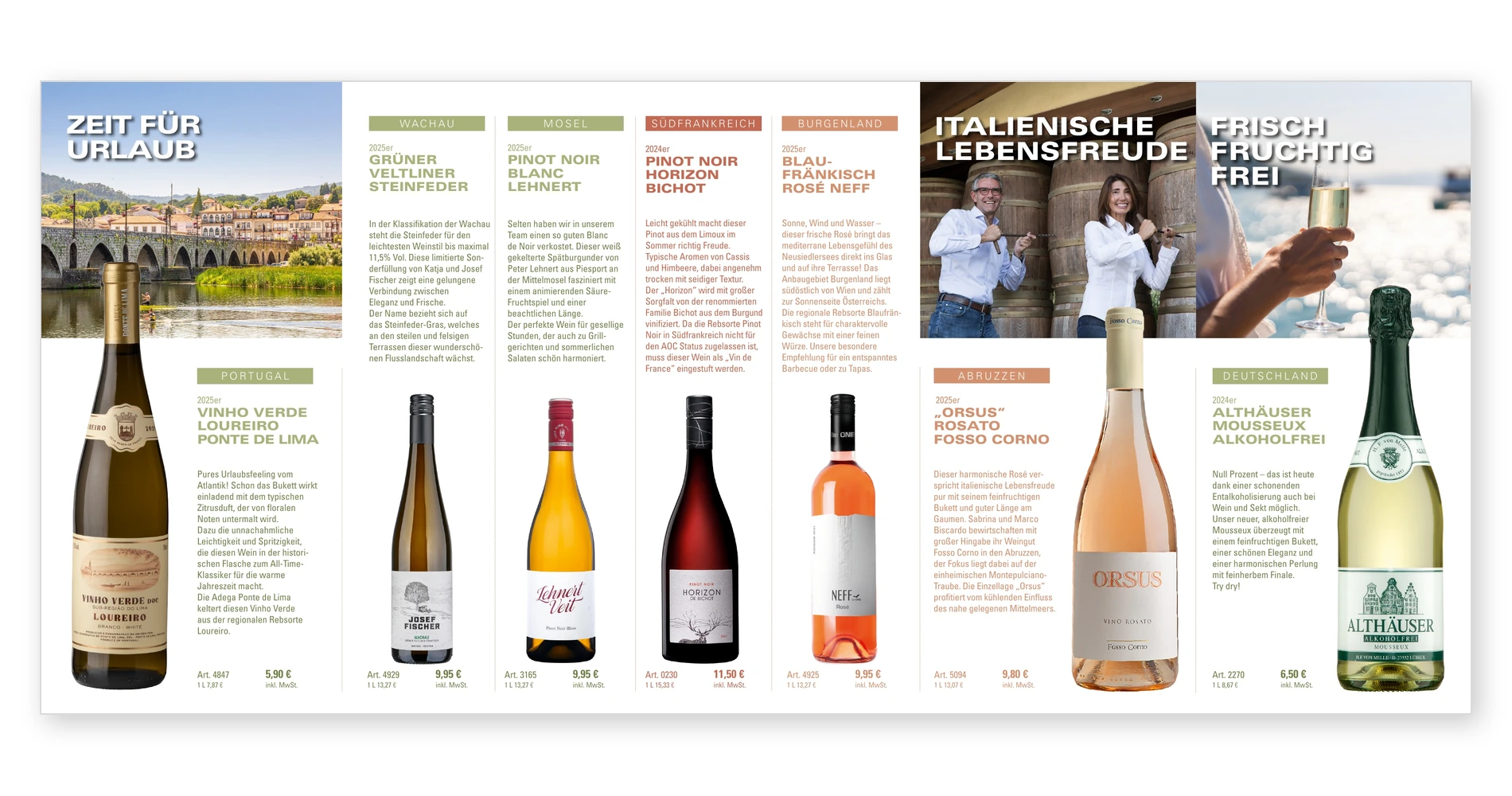 Innenseite der Weinpost Sommer 2026 mit Weinporträts und Flaschenbildern