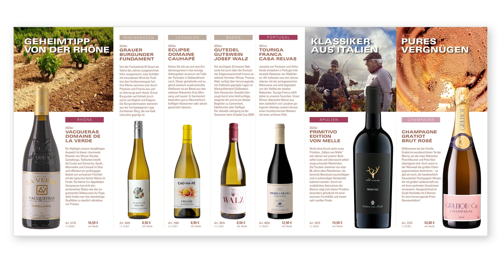 Innenseite der Weinpost Winter 2025 mit Weinporträts und Produktinformationen