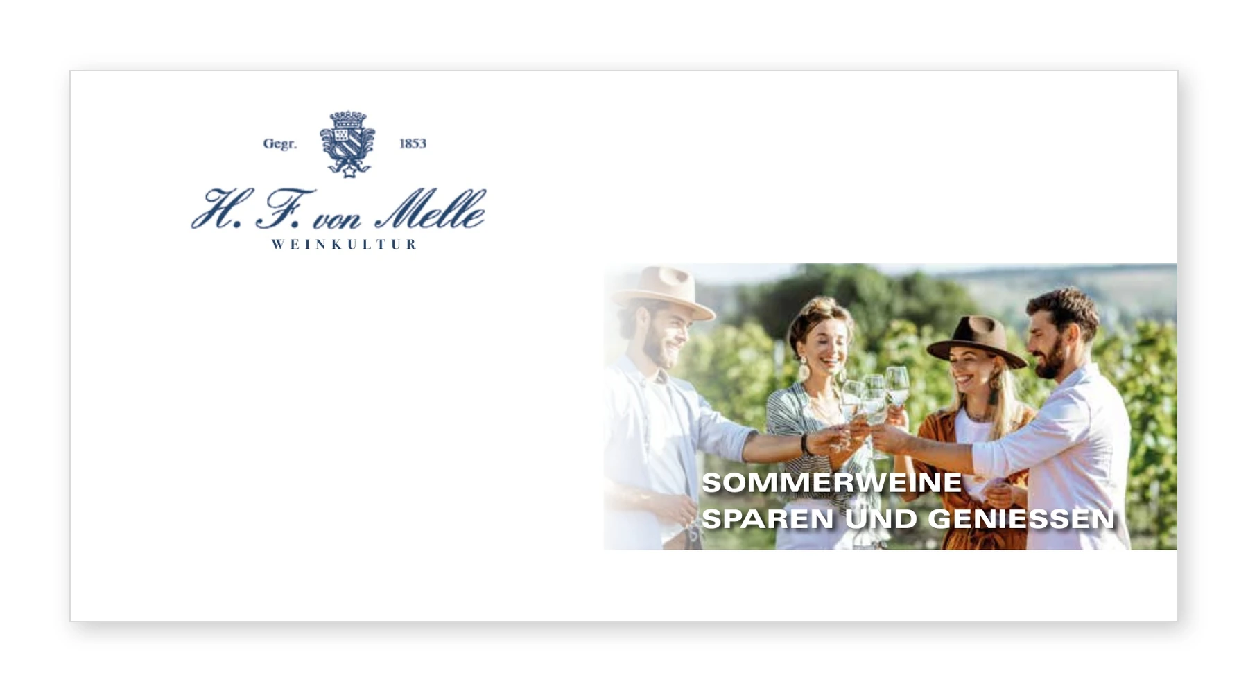 Gestalteter Briefumschlag der Weinpost Sommer 2025 mit von-Melle-Logo und Sommerweinen-Motiv